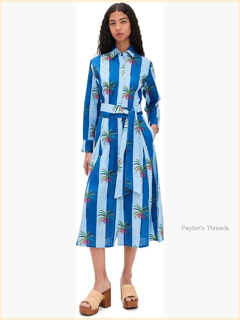 Maxi Dress With Palm Print, Collared Neck, Pockets, Belt